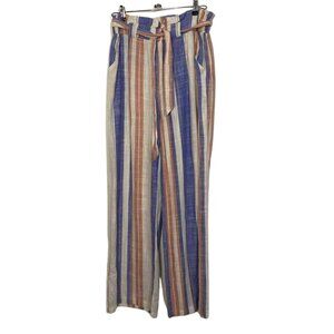 Indero High-Waisted Wide-Leg Paper Bag Pants Linen Blend with Vertical Strip